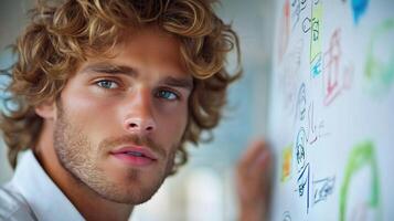 Young man gazing at colorful drawings on a wall while posing for a close-up portrait in a creative workspace setting photo