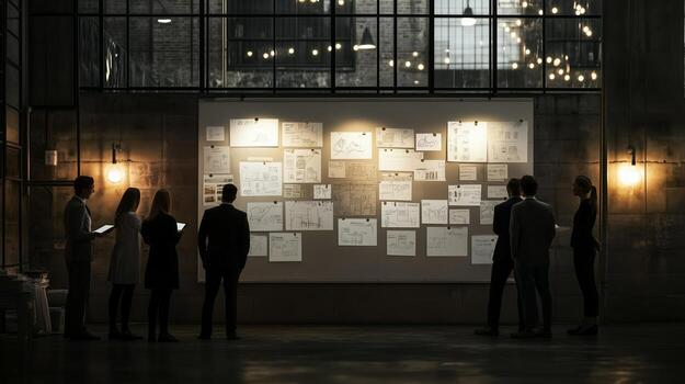 Team brainstorming session in a creative workspace with illuminated sketches and plans on display photo