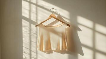Soft cream sweater hanging against a sunlit backdrop with shadows creating a warm atmosphere in a cozy interior photo