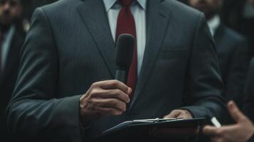 Business professional addresses audience with microphone in formal setting photo