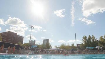 Summer fun at a crowded swimming pool on a sunny day in the city with people enjoying water activities photo
