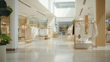 Modern retail space showcasing minimalist clothing in a bright, open environment with natural light streaming through photo