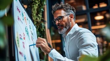 Professional man engaged in brainstorming session at a creative workspace during late afternoon photo