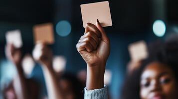 Participants raise cards during a voting session at a community event in the evening photo