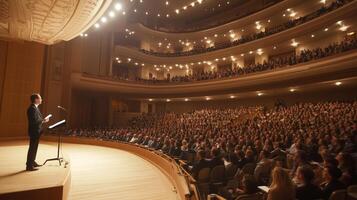 Speaker delivers an engaging lecture to a captivated audience in a modern auditorium during a conference event photo