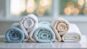 Cozy bathroom setting with neatly rolled towels in calming colors enhancing relaxation and warmth photo