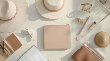 Stylish workspace arrangement with hats and stationery for creative projects set in a bright, minimalist environment photo