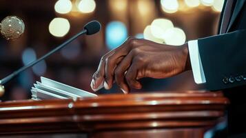Public speaking event featuring a speaker addressing an audience with a microphone at a formal venue in the evening photo