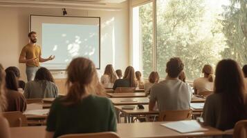 Students attend a lecture in a bright classroom while a teacher explains concepts on a projector screen photo