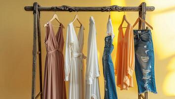 Fashion display with stylish dresses and jeans hanging on a wooden rack against a yellow wall photo