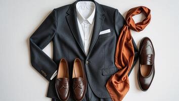 Elegant formal attire displayed on a flat surface with accessories and shoes arranged neatly for a classy event photo