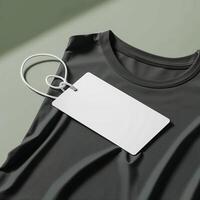 Black athletic shirt with empty tag placed on a sleek surface in a modern setting during daylight photo