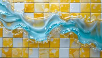 Splashing turquoise water flows over vibrant yellow and white tiled surface, creating a dynamic visual texture photo