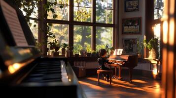 Young child plays piano in a sunlit room filled with plants and natural light during late afternoon hours photo