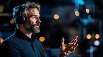 Speaker engages audience with passionate presentation in a dimly lit venue during an evening event photo