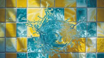 Water splashes against colorful tiles, creating dynamic patterns in sunlight at a summer pool photo