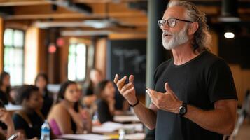 Engaging instructor leads a dynamic discussion in a modern classroom setting during a vibrant educational session photo