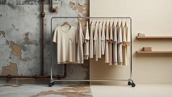 Elegant display of beige t-shirts hanging on a minimalist rack in a stylish urban setting with textured walls photo