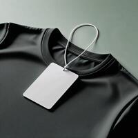 Simple black t-shirt with a blank price tag displayed on a soft green surface photo