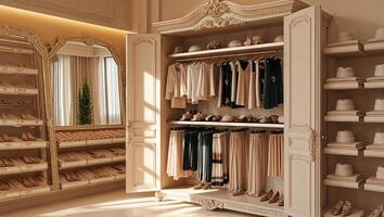 Elegant clothing display in a stylish boutique featuring neutral tones and curated fashion items for a refined shopping experience photo