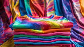 Colorful stacked t-shirts showcasing vibrant patterns in a bright display at a market photo