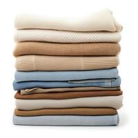Neatly arranged stack of cozy sweaters in neutral tones on a clean background for seasonal wardrobe inspiration photo