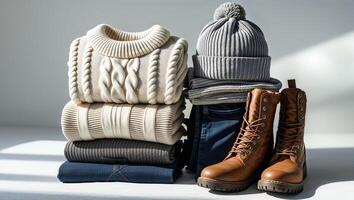 Cozy winter clothing essentials stacked attractively with stylish boots on a neutral background photo