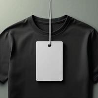 Classic black t-shirt displayed with a blank tag hanging from a string in a minimal setting, emphasizing simplicity and style photo