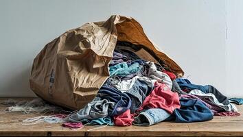Clothes spill out of a large paper bag on a wooden surface during a decluttering project in a bright room photo