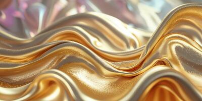 Shimmering waves of gold fabric reflect soft light in a luxurious textile display photo