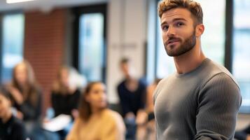 Young man engages with classmates during a discussion in a modern classroom setting at a university campus photo