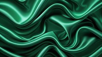 Luxurious green silk fabric drapes elegantly showcasing smooth texture and rich color variations photo