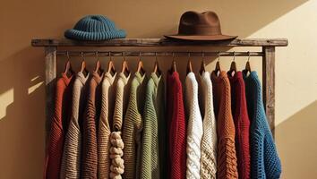 Colorful knitted sweaters and hats displayed on a rustic wooden rack in warm sunlight highlighting autumn fashion trends photo