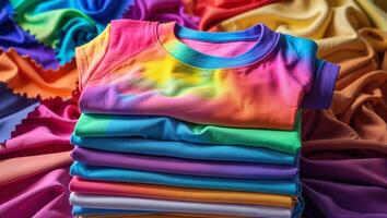 Colorful stacked cotton t-shirts resting on a vibrant fabric backdrop in a well-lit indoor setting photo
