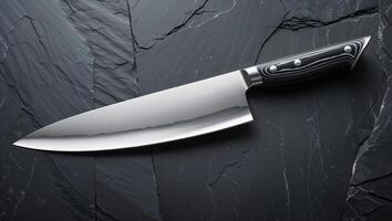 Chef's knife resting on a slate surface, highlighting its sharp blade and ergonomic handle photo