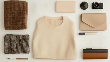 Neatly arranged cozy sweaters and minimalist accessories on a neutral background in a casual indoor setting photo