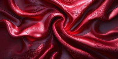 Elegant red silk fabric draped beautifully with intricate textures and smooth sheen in soft lighting photo