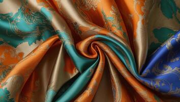 Decorative silk fabric with vibrant orange, blue, and turquoise patterns highlighting intricate design elements photo