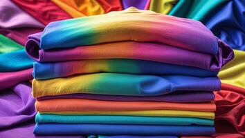 Colorful stacked fabrics showcase vibrant hues in a textile shop during daytime photo