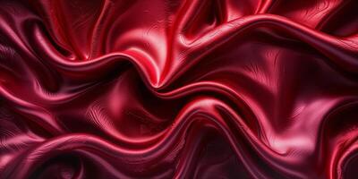 Rich red satin fabric draping elegantly with soft folds and curves, showcasing its luxurious texture and sheen in well-lit surroundings photo