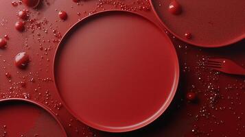 Round red plates, shiny beads, fork, and liquid drops displayed on a monochromatic background photo