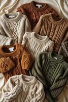 Various knitted sweaters and cardigans arranged artfully on a soft cloth, showcasing textures and colors suited for cozy weather photo