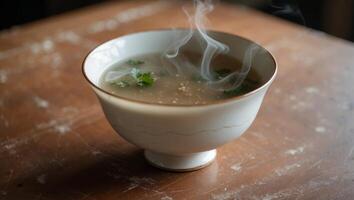 Steam rises from a bowl of warm soup garnished with herbs on a rustic wooden table during a cozy evening photo