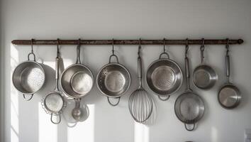 Kitchen utensils arranged neatly on a wall rack showcasing various sizes and styles in black and white photo