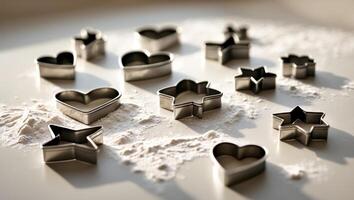 Various cookie cutters in different shapes on a surface dusted with flour in a bright kitchen setting photo