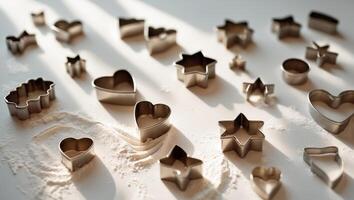 Baking session with cookie cutters on a floured surface in warm afternoon light photo