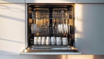 Clean dishes are neatly arranged in a modern dishwasher, showcasing spotless dishes and cutlery during the afternoon light photo