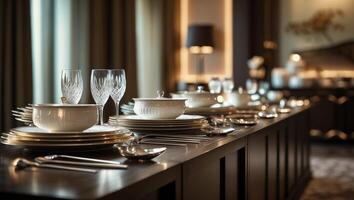 Elegant dining setup featuring fine tableware in a luxurious interior during an intimate gathering photo