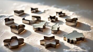 Cookie cutters on a floured surface creating various fun shapes for baking during the afternoon photo