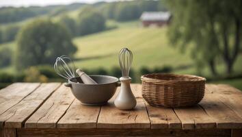 Whisk, bowl, and basket arranged on a rustic wooden table in a tranquil countryside setting during daylight photo